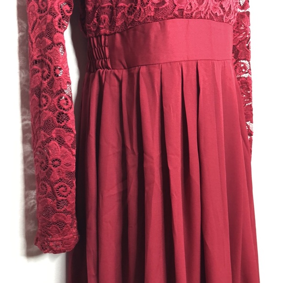 Zanzea Womens Wine Colored Long Sleeve Lace Dress With Chiffon Skirt - Picture 4 of 14